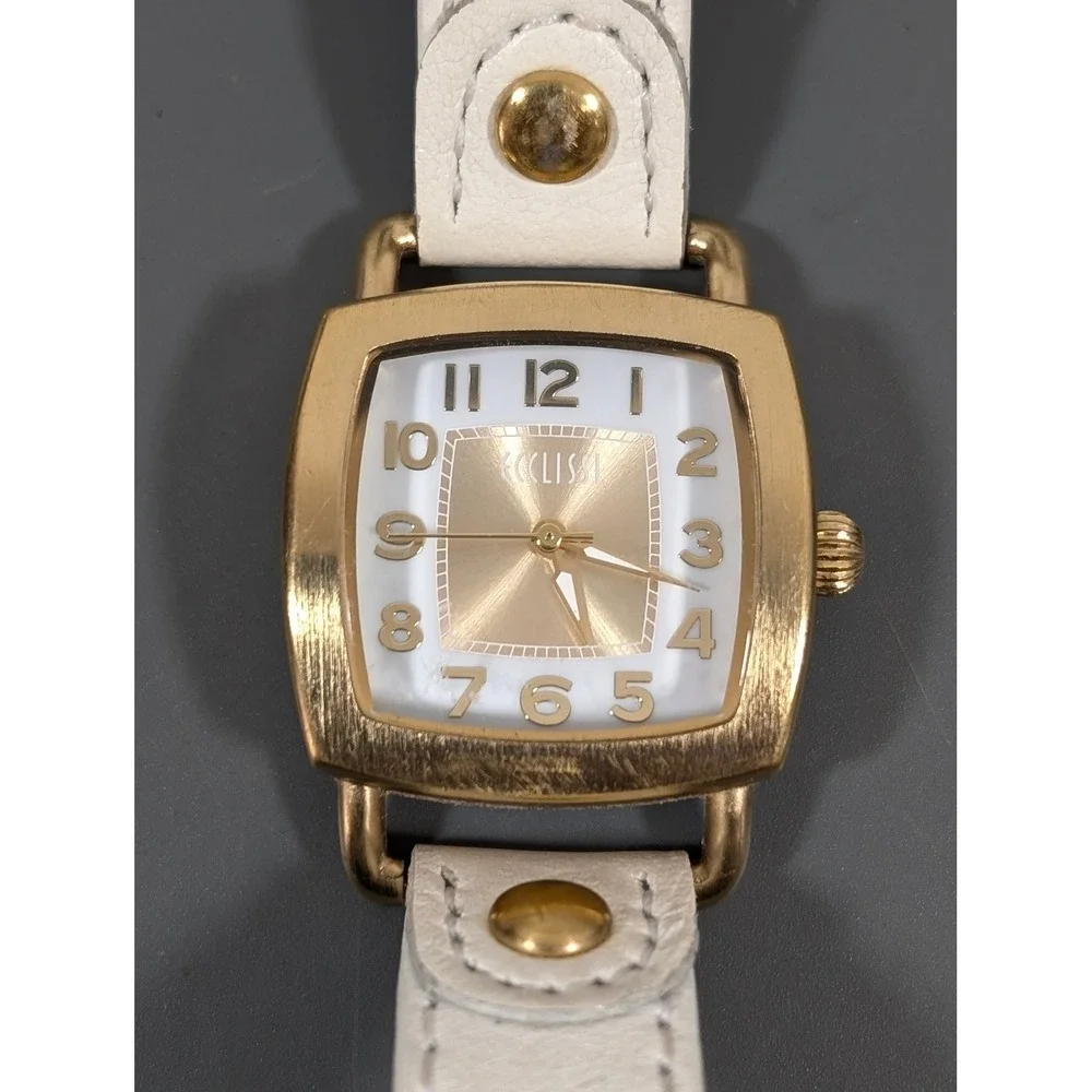 Ecclissi Womens White Leather Watch Gold Tone Square Minimalist‎ 7